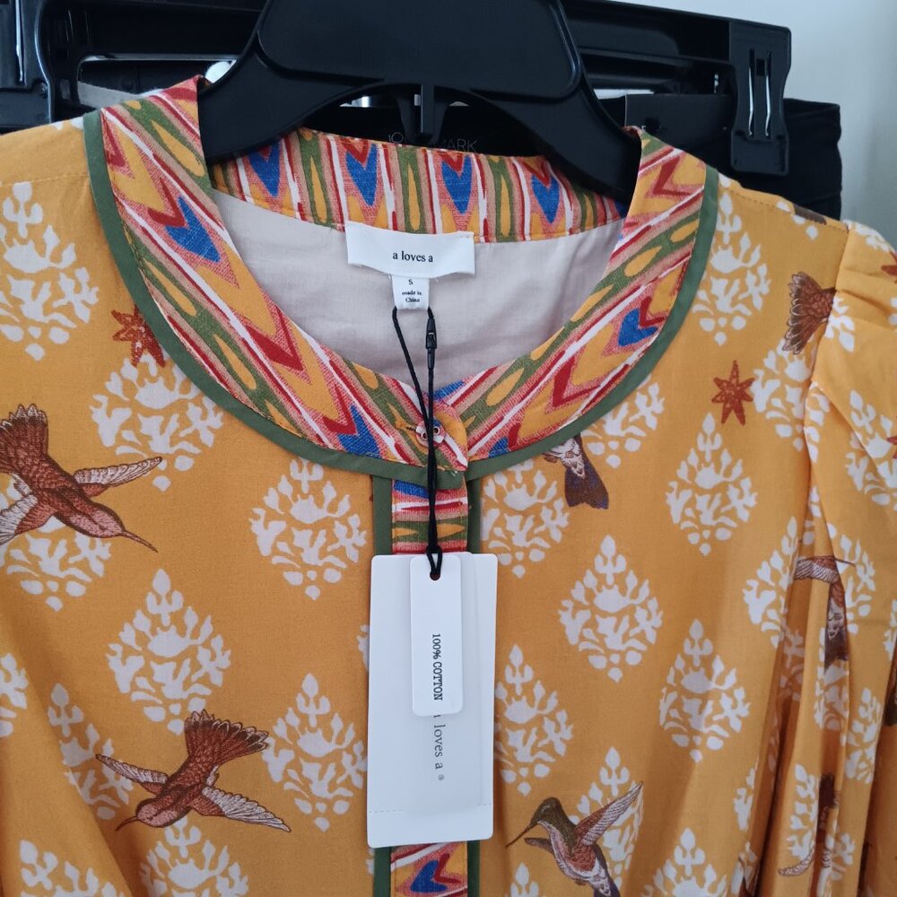 NWT Birds Flowers Alligators Cotton Maxi Sunflower Yellow Long Sleeve Dress - Picture 10 of 15